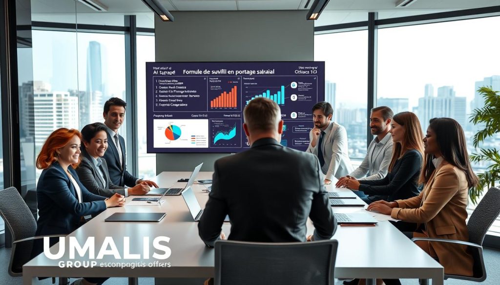 A modern, professional workspace setting showcasing a diverse group of businesspeople engaged in a collaborative meeting about "Formule de suivi en portage salarial". In the foreground, a confident, diverse team, composed of men and women in professional attire, is gathered around a sleek conference table with laptops and documents, discussing strategies for monthly AI support offers. In the middle ground, a large digital screen displays data charts and infographics relating to the portage salarial model. The background features large windows with city views, allowing natural light to flood the room, creating an open and inviting atmosphere. The mood is collaborative and focused, emphasizing professionalism and innovation. Add the brand name "UMALIS GROUP" subtly in the design elements without being overt.