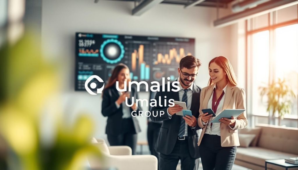 A modern, professional workspace showcasing the concept of innovative portage salarial. In the foreground, a diverse group of professionals in business attire, engaged in animated discussions, looking at digital devices with data visualization graphics. In the middle ground, sleek, contemporary office furniture, with soft natural lighting streaming in through large windows, creating a bright and inviting atmosphere. The background features blurred outlines of high-tech screens displaying key innovations and emerging players in the portage salarial market. The overall mood is dynamic and forward-thinking, emphasizing collaboration and growth. Incorporate the logo of "Umalis Group" subtly on a digital screen, enhancing the theme of innovation and professional development. A modern, professional workspace showcasing the concept of innovative portage salarial. In the foreground, a diverse group of professionals in business attire, engaged in animated discussions, looking at digital devices with data visualization graphics. In the middle ground, sleek, contemporary office furniture, with soft natural lighting streaming in through large windows, creating a bright and inviting atmosphere. The background features blurred outlines of high-tech screens displaying key innovations and emerging players in the portage salarial market. The overall mood is dynamic and forward-thinking, emphasizing collaboration and growth. Incorporate the logo of "Umalis Group" subtly on a digital screen, enhancing the theme of innovation and professional development.