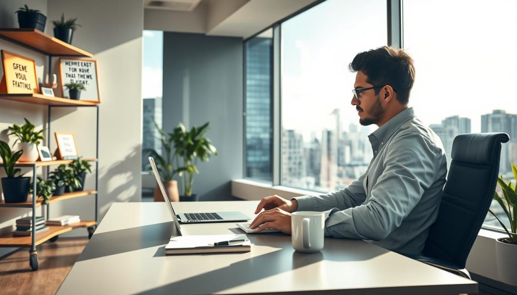 A modern, professional workspace showcasing the theme of flexibility and autonomy in the context of salaried portage. In the foreground, a focused individual in business casual attire sits at a sleek desk, surrounded by a laptop, notepad, and a coffee cup, symbolizing productivity. The middle ground features rolling shelves adorned with plants and inspirational quotes, adding a touch of creativity. In the background, large windows allow natural light to flood the space, highlighting a vibrant cityscape beyond, representing opportunities and growth. The atmosphere is bright, invigorating, and optimistic, with soft shadows cast by the afternoon sun, enhancing the theme of a balanced work-life environment, expressing the essence of security and flexibility in a professional setting. A modern, professional workspace showcasing the theme of flexibility and autonomy in the context of salaried portage. In the foreground, a focused individual in business casual attire sits at a sleek desk, surrounded by a laptop, notepad, and a coffee cup, symbolizing productivity. The middle ground features rolling shelves adorned with plants and inspirational quotes, adding a touch of creativity. In the background, large windows allow natural light to flood the space, highlighting a vibrant cityscape beyond, representing opportunities and growth. The atmosphere is bright, invigorating, and optimistic, with soft shadows cast by the afternoon sun, enhancing the theme of a balanced work-life environment, expressing the essence of security and flexibility in a professional setting.