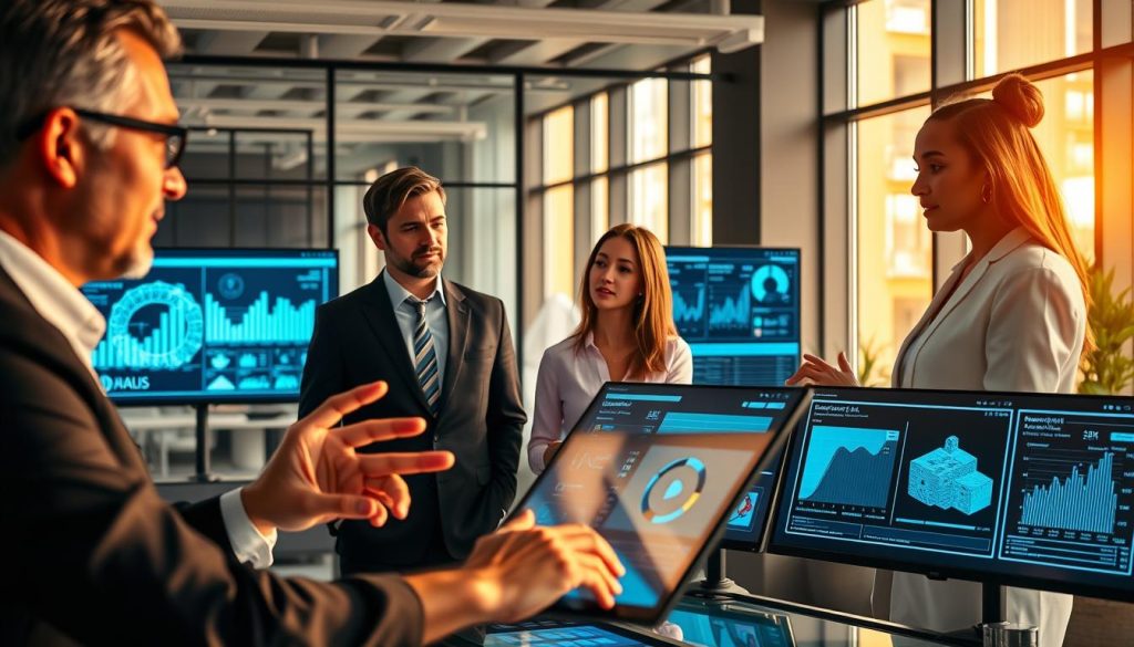 A modern, professional workspace with a diverse group of three senior consultants, one male and two female, engaging with various generative AI tools displayed on sleek digital screens. The foreground features close-up shots of hands interacting with touch interfaces and virtual models. In the middle ground, the consultants are analyzing charts and data visualizations, dressed in smart business attire, exuding a collaborative atmosphere. The background showcases a vibrant office environment with large windows letting in warm, natural light, accentuating the innovative technology theme. The mood is focused and dynamic, emphasizing the importance of understanding tools before implementation. The logo of "UMALIS GROUP" is subtly integrated into a digital dashboard visible on one of the screens. A modern, professional workspace with a diverse group of three senior consultants, one male and two female, engaging with various generative AI tools displayed on sleek digital screens. The foreground features close-up shots of hands interacting with touch interfaces and virtual models. In the middle ground, the consultants are analyzing charts and data visualizations, dressed in smart business attire, exuding a collaborative atmosphere. The background showcases a vibrant office environment with large windows letting in warm, natural light, accentuating the innovative technology theme. The mood is focused and dynamic, emphasizing the importance of understanding tools before implementation. The logo of "UMALIS GROUP" is subtly integrated into a digital dashboard visible on one of the screens.