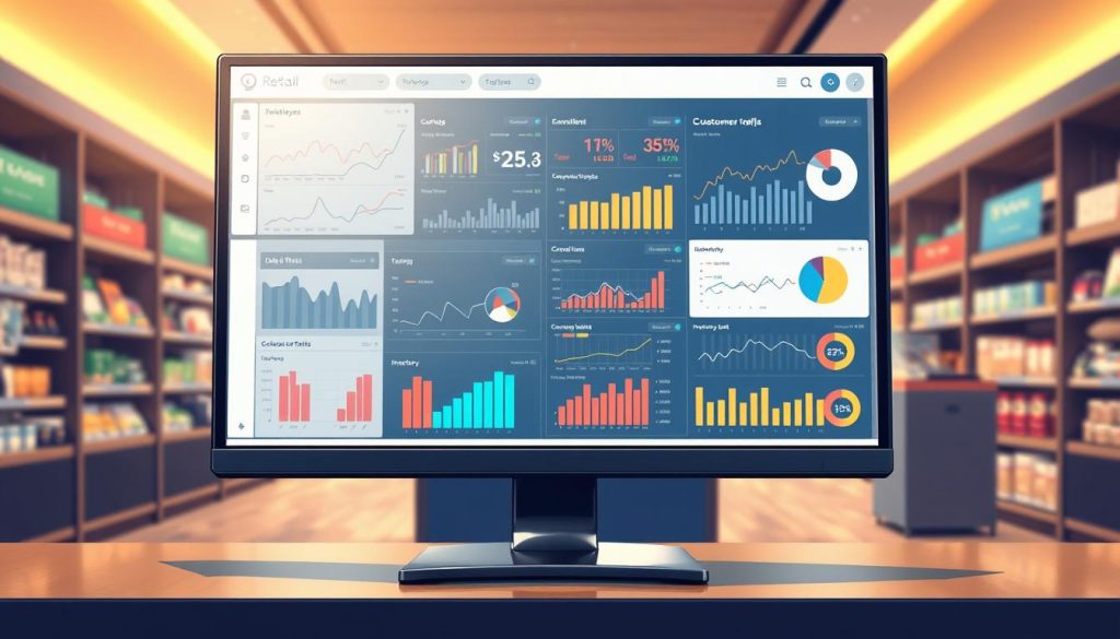 A modern retail data analytics dashboard displayed on a sleek, high-resolution monitor. The foreground features a variety of interactive data visualizations, such as line charts, bar graphs, and pie charts, showcasing key performance metrics like sales, customer traffic, and inventory trends. The middle ground depicts a stylized retail environment, with shelves stocked with products and a minimalist checkout counter. The background is bathed in a warm, diffused lighting, creating a professional and analytical atmosphere. The overall scene conveys the power of data-driven insights to navigate the changing landscape of the retail and consumer services industry.