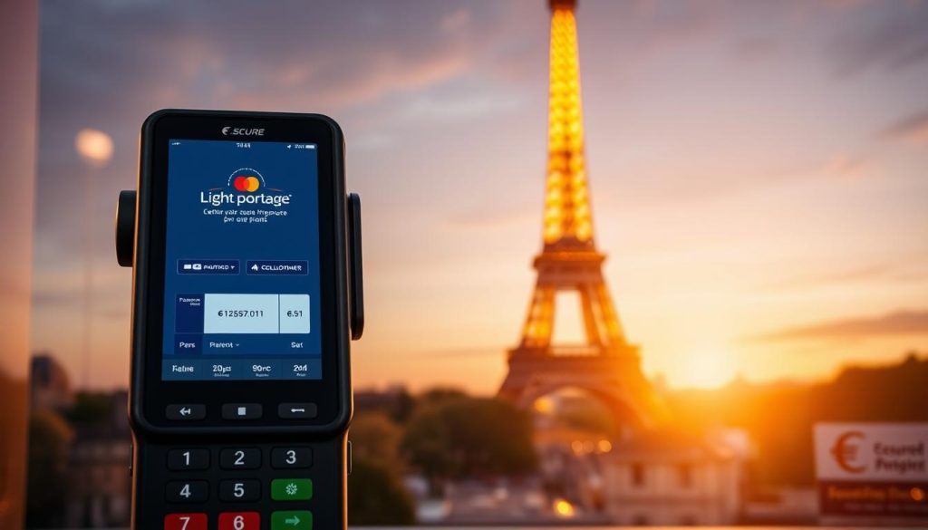 A modern, secure payment terminal displaying the "Light Portage" brand logo in a sleek, minimalist design. The terminal is set against a backdrop of the iconic Eiffel Tower and the Parisian cityscape, bathed in warm, golden lighting to convey a sense of trust and reliability. The foreground features detailed UI elements, card readers, and a touch screen interface, while the middle ground showcases the French flag and a subtle pattern of euro symbols, emphasizing the secure, France-based nature of the payment solution. The overall atmosphere exudes professionalism, innovation, and the assurance of a seamless, trustworthy financial transaction.