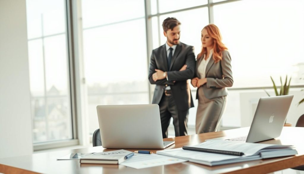 A modern, serene office environment showcasing the concept of administrative and legal advantages of "portage salarial" for independent IT professionals. In the foreground, a confident, well-dressed businesswoman, engaged in a discussion with a male colleague, both looking at a laptop displaying graphs and data. In the middle ground, a desk with organized paperwork and legal documents, symbolizing efficient administration. The background features large windows letting in soft, natural light, adding a sense of clarity and professionalism to the space. The mood is collaborative and empowering, with a focus on professionalism and teamwork. The composition should be balanced and inviting, capturing a sense of ease and security in the freelance administrative landscape.