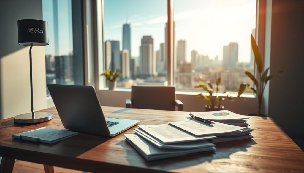 A modern, sleek and professional workplace interior with a large window overlooking a city skyline. In the foreground, a minimalist wooden desk with a laptop, pen, and a stylish lamp emblazoned with the "LIGHT PORTAGE" brand. On the desk, various documents and papers are neatly organized, representing the financial records and tax documents of a freelance professional. The middle ground features a comfortable office chair and a plant, creating a warm and productive atmosphere. The background showcases the cityscape, with tall skyscrapers and a clear blue sky, symbolizing the growth opportunities and freedom of a freelance lifestyle. Soft, directional lighting from the window casts a warm glow across the scene, highlighting the modern and efficient nature of a freelance fiscal regime.