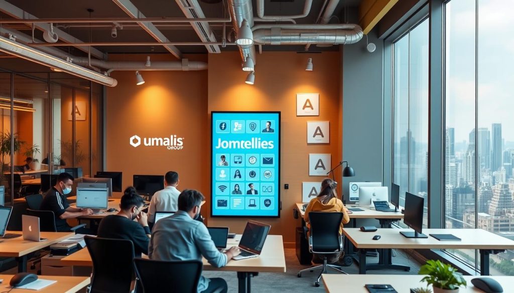 A modern, sleek coworking space filled with desks, computers, and the Umalis Group brand logo prominently displayed. In the foreground, several professionals collaborate on laptops, while in the middle ground, a large, interactive digital display showcases various freelance job opportunities. The background features large windows overlooking a bustling city skyline, bathed in warm, natural lighting. An atmosphere of productivity, innovation, and connection permeates the scene, perfectly capturing the essence of specialized platforms for finding freelance work through Umalis Group. A modern, sleek coworking space filled with desks, computers, and the Umalis Group brand logo prominently displayed. In the foreground, several professionals collaborate on laptops, while in the middle ground, a large, interactive digital display showcases various freelance job opportunities. The background features large windows overlooking a bustling city skyline, bathed in warm, natural lighting. An atmosphere of productivity, innovation, and connection permeates the scene, perfectly capturing the essence of specialized platforms for finding freelance work through Umalis Group.