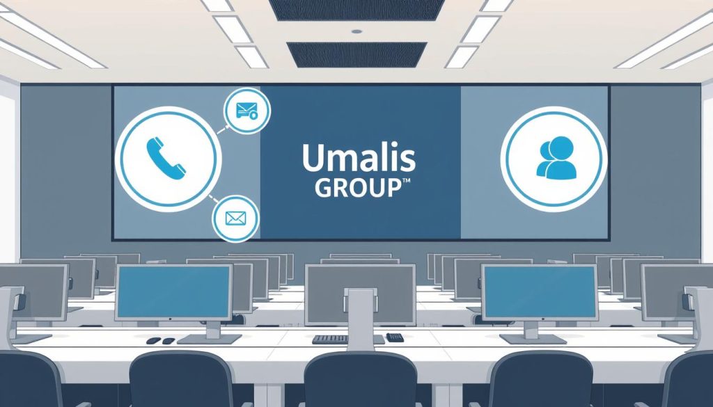 A modern, sleek customer support system with multiple communication channels represented on a large digital screen. In the foreground, there are icons for phone, email, chat, and social media support options. The middle ground features an array of agent workstations, each with high-resolution monitors and ergonomic headsets. In the background, the Umalis Group logo is prominently displayed, conveying a sense of professionalism and reliability. The lighting is bright and uniform, creating a clean, organized atmosphere. The camera angle is slightly elevated, giving an overview of the comprehensive, multi-faceted support experience. A modern, sleek customer support system with multiple communication channels represented on a large digital screen. In the foreground, there are icons for phone, email, chat, and social media support options. The middle ground features an array of agent workstations, each with high-resolution monitors and ergonomic headsets. In the background, the Umalis Group logo is prominently displayed, conveying a sense of professionalism and reliability. The lighting is bright and uniform, creating a clean, organized atmosphere. The camera angle is slightly elevated, giving an overview of the comprehensive, multi-faceted support experience.