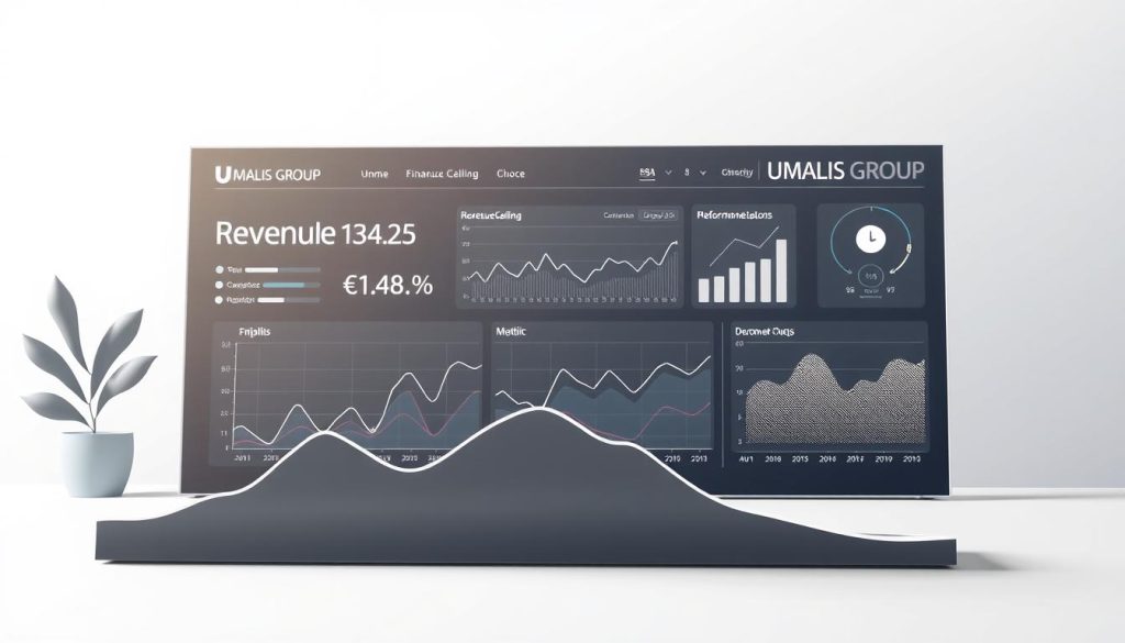 A modern, sleek illustration of a financial dashboard showcasing "UMALIS GROUP" revenue data. In the foreground, a minimalist graph depicting the revenue ceiling, rendered in a clean, monochrome palette. The middle ground features dynamic data visualizations, conveying key performance metrics with precision. The background subtly evokes a professional, corporate setting, with muted tones and a sense of balance. Lighting is soft and directional, highlighting the clarity and importance of the financial information presented. The overall tone is one of authoritative, data-driven decision-making.
