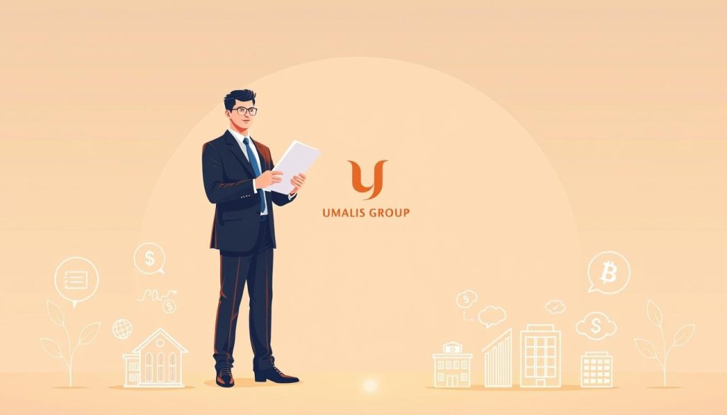 A modern, sleek illustration showcasing the retirement benefits of Umalis Group's salaried portage service. Set against a soft, pastel gradient background, a well-dressed professional stands confidently, holding retirement planning documents. Detailed iconography in the foreground depicts retirement savings, pension plans, and financial security. The middle ground features a subtle Umalis Group logo, conveying trust and reliability. Warm, directional lighting illuminates the scene, creating a sense of prosperity and optimism. Captured with a wide-angle lens to emphasize the comprehensive nature of the service. The overall mood is one of financial stability, preparation, and a secure retirement enabled by Umalis Group's salaried portage solution.