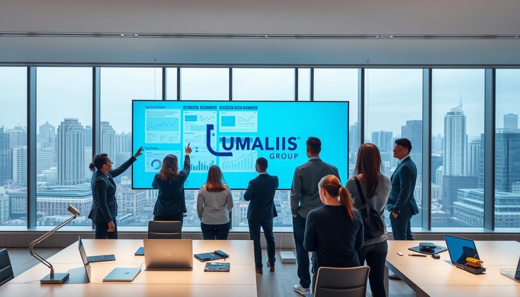 A modern, sleek office environment illustrating user experience optimization. In the foreground, a diverse group of professionals in smart business attire are collaborating around a large digital display showing user interface designs and analytics. They are engaged, pointing and discussing insights. The middle ground features minimalist desks with laptops and design tools, while the background showcases large windows with a view of a bustling city skyline bathed in natural light. The atmosphere is dynamic and innovative, conveying a sense of collaboration and forward-thinking. Soft, diffused lighting enhances the modern feel, encouraging a productive mood. Include the branding of "UMALIS GROUP" subtly integrated into the digital display.