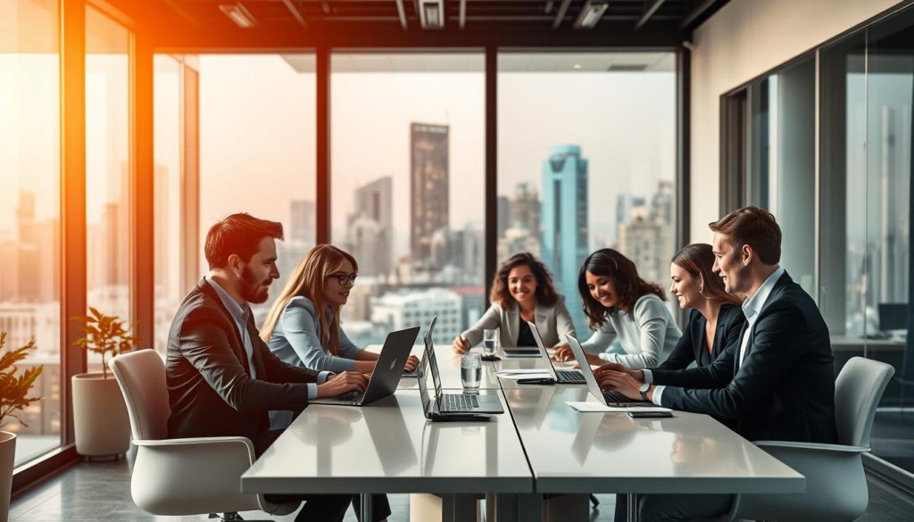 A modern, sleek office environment showcasing the advantages of IT staffing solutions. In the foreground, a group of diverse IT professionals collaborating at a stylish desk, their laptops and documents neatly arranged. The middle ground features a large window overlooking a vibrant cityscape, hinting at the flexibility and opportunity provided by Umalis Group's IT staffing services. The background is bathed in warm, diffused lighting, creating a professional yet inviting atmosphere. The overall scene conveys the benefits of IT contracting, including work-life balance, career growth, and access to industry-leading clients.