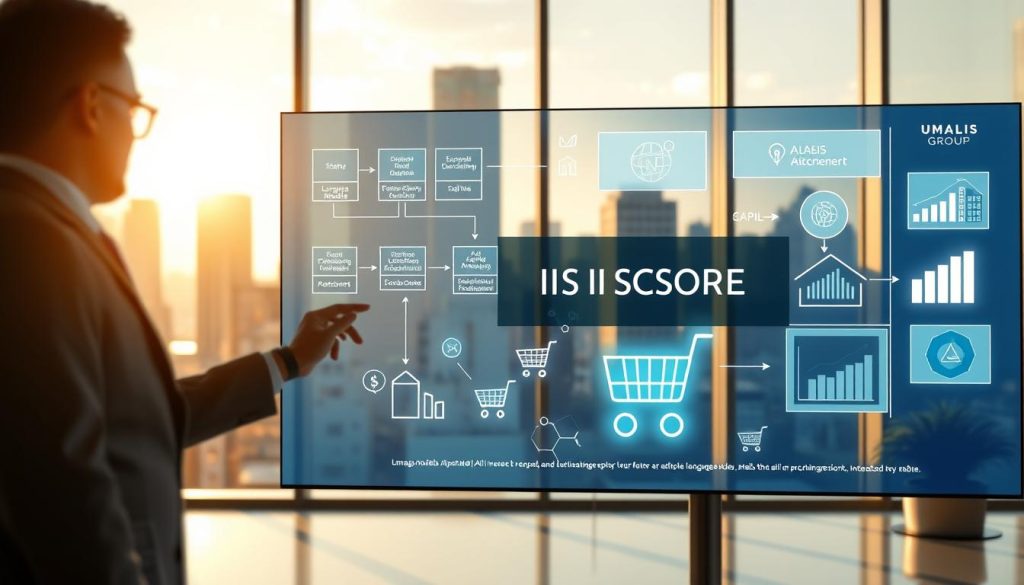 A modern, sleek office environment showcasing the concept of language models and automated purchasing. In the foreground, a professional in business attire is interacting with a large digital screen displaying flowcharts and data analytics related to language processing and AI-driven purchasing decisions. In the middle ground, abstract representations of language models and AI algorithms float, visually connected to icons of shopping carts and graphs, symbolizing automation. The background features an urban skyline through a large window, with warm, natural light filtering in, creating a productive atmosphere. The setting embodies innovation and efficiency. The branding "UMALIS GROUP" subtly integrated into the digital interface. The overall mood is dynamic and knowledgeable, reflecting the future of AI in procurement.