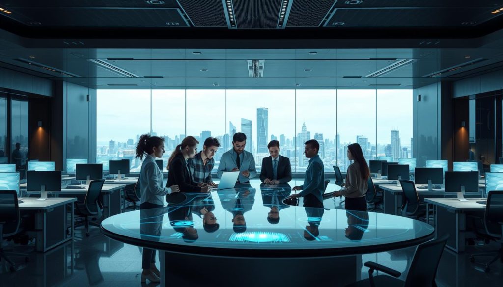 A modern, sleek office environment with a futuristic feel. In the foreground, a team of diverse professionals collaborating around a large, curved glass desk, their faces illuminated by the glow of holographic screens. In the middle ground, rows of ergonomic workstations and abstract architectural elements suggestive of adaptable, modular spaces. The background features a panoramic city skyline, hinting at the global, interconnected nature of the "Portage Salarial" flexible employment model. Soft, ambient lighting and a muted color palette evoke a sense of efficiency, innovation, and the evolving future of work.