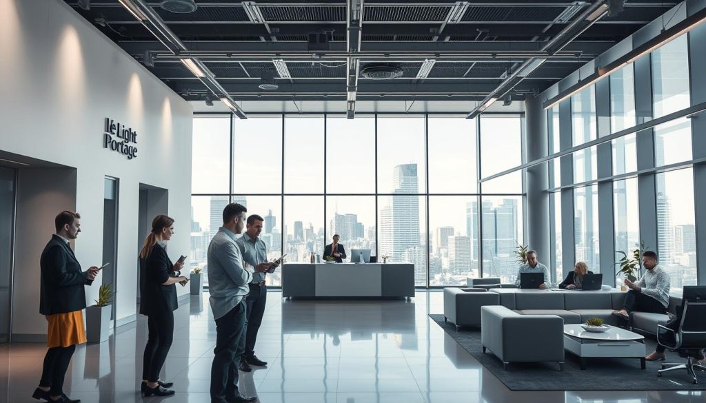 A modern, sleek office interior featuring a large, well-lit workspace. In the foreground, a group of professionals are engaged in a meeting, discussing paperwork and digital devices. The walls are adorned with the "Light Portage" logo, indicating this is the headquarters of a leading société portage salarial company. The middle ground showcases a reception area with comfortable seating and minimalist decor, while the background reveals floor-to-ceiling windows overlooking a vibrant cityscape. The overall atmosphere conveys a sense of professionalism, efficiency, and a focus on supporting career growth and development.