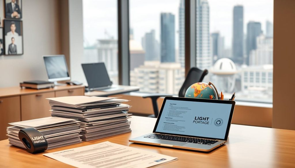 A modern, sleek office interior with a LIGHT PORTAGE desk and ergonomic chair. Stacks of documents, a laptop, and a phone symbolize the professional work of a self-employed person. The foreground features an open laptop displaying visa application forms and requirements. The middle ground showcases a well-organized workspace with a LIGHT PORTAGE branded pen cup and a globe, hinting at the international nature of self-employment. The background features a large window overlooking a bustling cityscape, suggesting the global reach and opportunities available to self-employed professionals. Warm, directional lighting enhances the professional atmosphere.