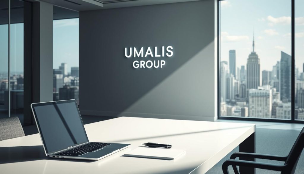 A modern, sleek office interior with a focus on the "mécanisme portage salarial" concept. In the foreground, a minimalist desk with a laptop, pen, and notepad arranged neatly. Soft, directional lighting illuminates the scene, casting subtle shadows and highlights. The middle ground features a UMALIS GROUP sign prominently displayed on the wall, emphasizing the brand. In the background, a large window overlooking a bustling city skyline, creating a sense of connection between the professional work environment and the broader business landscape. The overall mood is one of efficiency, organization, and the synergy between employee and employer in the context of the "portage salarial" employment model.