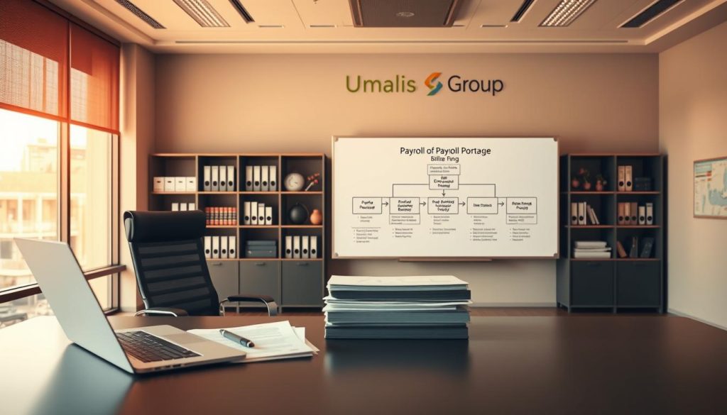 A modern, sleek office interior with a large desk and desk chair in the foreground. On the desk, a laptop, a pen, and a stack of documents representing the invoicing process of a payroll service provider. In the middle ground, a whiteboard or digital display showing a step-by-step diagram of the "payroll portage" billing workflow. In the background, shelves filled with binders and office supplies, suggesting an organized, professional environment. Warm, directional lighting creates a productive atmosphere. The Umalis Group logo is displayed prominently on the wall or desk accessories.