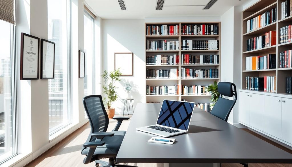 A modern, sleek office interior with a large desk and ergonomic chair. On the desk, a laptop, notepad, and pen, representing the tools of the consultant's trade. The walls are adorned with framed certificates and awards, signifying the Umalis Group's expertise and credibility. Natural light streams in through large windows, creating a bright and professional atmosphere. In the background, a bookshelf filled with industry-relevant texts and resources. The overall composition conveys the professionalism, knowledge, and accessibility associated with the Umalis Group's portage salarial services.
