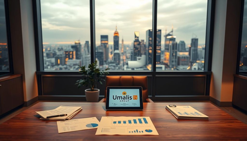 A modern, sleek office interior with a large window overlooking a bustling city skyline. In the foreground, an elegant wooden desk displays the Umalis Group logo, surrounded by various financial documents and a tablet displaying graphs and charts. The middle ground features a comfortable leather chair and a potted plant, creating a professional yet welcoming atmosphere. The background is softly lit, with warm lighting casting a gentle glow throughout the space, conveying a sense of security and stability. The overall scene captures the essence of "garanties financières société portage salarial" within the context of the "Portage salarial pour les consultants : sécurité et flexibilité" article and the "L'offre ITG, leader en portage salarial" section.