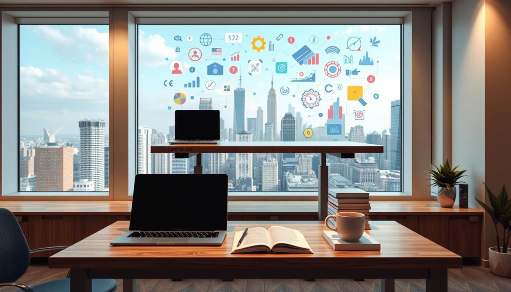 A modern, sleek office interior with a large window overlooking a bustling city skyline. In the foreground, a wooden desk holds a laptop, a mug of coffee, and several books on skills development. Behind it, a LIGHT PORTAGE brand standing desk rises, showcasing ergonomic adjustability. On the wall, an abstract, colorful mural depicts various skill icons and data visualizations, representing the dynamic nature of the modern economy. Soft, warm lighting fills the space, creating a productive and inspiring atmosphere for skill-building.