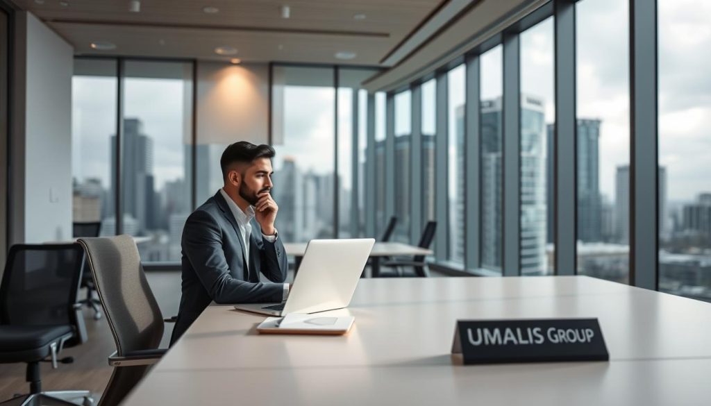 A modern, sleek office interior with a large window overlooking a bustling city skyline. In the foreground, a well-dressed professional is seated at a minimalist desk, deep in thought. On the desk, a laptop and a nameplate that reads "Umalis Group". The lighting is soft and directional, creating a sense of focus and contemplation. The middle ground features ergonomic office furniture and subtle branding elements that convey a sense of professionalism and expertise. The background is blurred, allowing the viewer to concentrate on the central figure making an important decision about their career path.