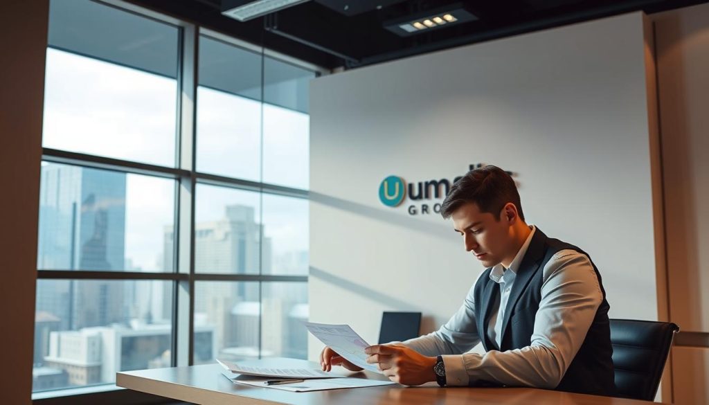 A modern, sleek office interior with a large window overlooking a cityscape. In the foreground, a professional-looking person sits at a desk, intently studying financial documents and charts. The lighting is soft and indirect, creating a warm, productive atmosphere. In the background, the Umalis Group logo is prominently displayed on a wall, signifying the company's expertise in optimizing remuneration for salaried workers. The overall scene conveys a sense of thoughtful optimization and financial well-being. A modern, sleek office interior with a large window overlooking a cityscape. In the foreground, a professional-looking person sits at a desk, intently studying financial documents and charts. The lighting is soft and indirect, creating a warm, productive atmosphere. In the background, the Umalis Group logo is prominently displayed on a wall, signifying the company's expertise in optimizing remuneration for salaried workers. The overall scene conveys a sense of thoughtful optimization and financial well-being.