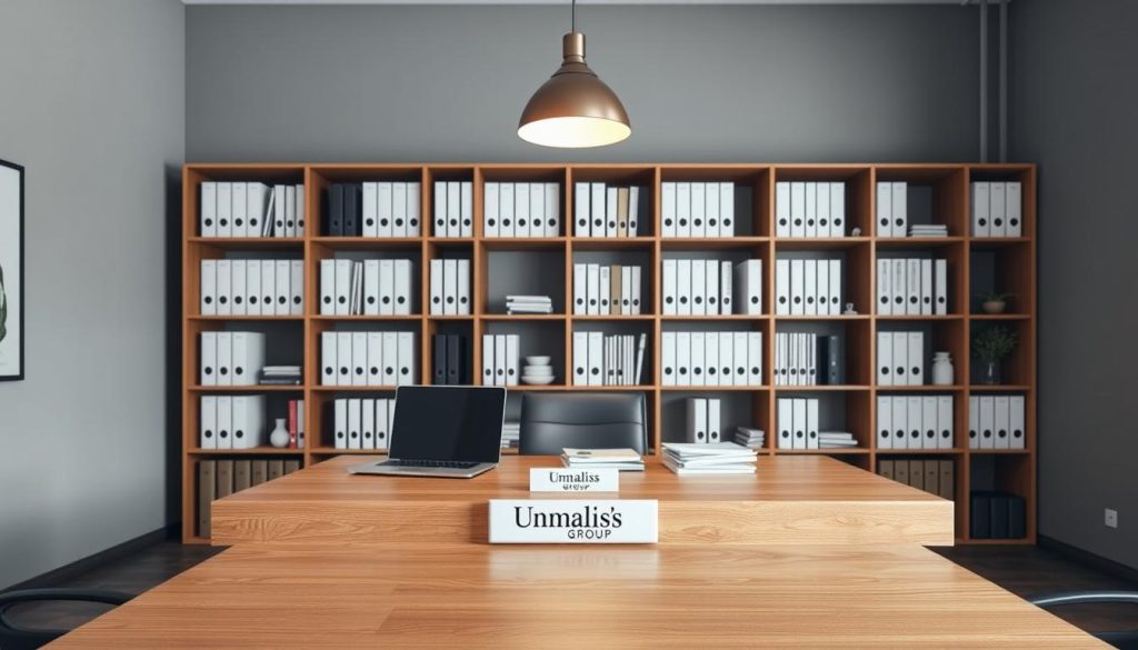 A modern, sleek office interior with a large wooden desk at the center. On the desk, a laptop, files, and a Umalis Group logo plate. Behind the desk, a floor-to-ceiling bookshelf filled with binders and documents. The walls are painted a neutral gray, with minimal art or decor. Overhead, a stylish pendant light casts a warm, focused glow on the desk. The scene conveys a sense of administrative efficiency and professionalism, reflecting the "Synthèse des démarches administratives et de gestion" theme. A modern, sleek office interior with a large wooden desk at the center. On the desk, a laptop, files, and a Umalis Group logo plate. Behind the desk, a floor-to-ceiling bookshelf filled with binders and documents. The walls are painted a neutral gray, with minimal art or decor. Overhead, a stylish pendant light casts a warm, focused glow on the desk. The scene conveys a sense of administrative efficiency and professionalism, reflecting the "Synthèse des démarches administratives et de gestion" theme.