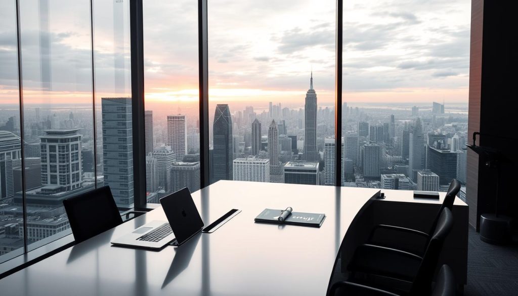 A modern, sleek office interior with a minimalist aesthetic. The scene features a large, well-lit desk with a laptop, documents, and a tasteful Umalis Group logo prominently displayed. In the background, floor-to-ceiling windows offer a panoramic view of a bustling city skyline, bathed in the warm glow of sunset. The overall atmosphere conveys a sense of professionalism, security, and attention to detail - key attributes of a reputable portage salarial company. The lighting is soft and diffused, creating a welcoming and productive work environment.