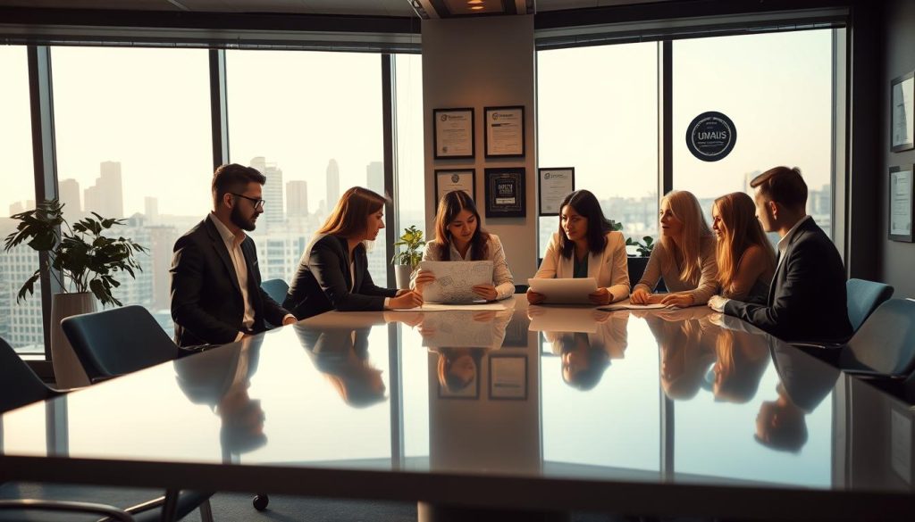 A modern, sleek office interior with a team of Umalis Group professionals collaborating on a project. Soft, warm lighting illuminates the space, creating a professional yet approachable atmosphere. In the foreground, a group of diverse individuals are gathered around a polished conference table, deep in discussion. Their attire and body language convey expertise and confidence. In the middle ground, floor-to-ceiling windows offer a cityscape view, reinforcing the sense of a thriving, urban professional services firm. The background features carefully curated decor, including framed certifications and awards, conveying the company's credibility and track record of success.