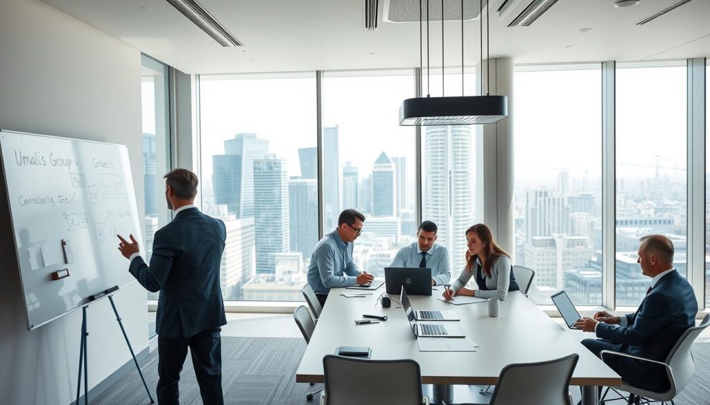 A modern, sleek office interior with a well-lit, airy atmosphere. In the foreground, a person in professional attire is gesturing while explaining concepts on a whiteboard, surrounded by colleagues taking notes. In the middle ground, several Umalis Group employees are collaborating at a large conference table, discussing documents and laptops. The background features floor-to-ceiling windows overlooking a bustling city skyline, creating a sense of productivity and success. The lighting is soft and natural, accentuating the clean, minimalist aesthetic. The overall scene conveys the efficient, professional nature of the "portage salarial" business model.