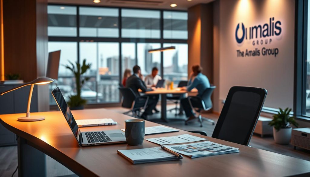 A modern, sleek office interior with an ergonomic desk setup. Warm lighting casts a gentle glow, illuminating a laptop, documents, and a coffee mug on the desk. In the middle ground, a group of office workers collaborating at a conference table, discussing work-related topics. In the background, a large window offers a view of a city skyline, hinting at the broader context of "portage salarial et accidents du travail". The Umalis Group logo is subtly displayed on the wall. The overall mood is one of professionalism, productivity, and attention to worker safety and well-being.