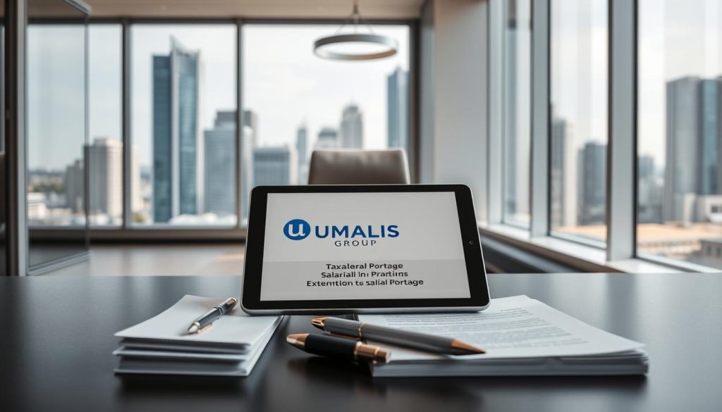 A modern, sleek office interior with an expansive window providing natural light. On the desk, a tablet displays the UMALIS GROUP logo, showcasing tax exemption information for salarial portage. In the foreground, neatly stacked documents and a stylish pen set create a professional atmosphere. The middle ground features a minimalist, ergonomic chair and a sophisticated lighting fixture. The background depicts a cityscape, hinting at the administrative and financial aspects of the topic. The overall mood is one of efficiency, clarity, and the advantages of salarial portage under the UMALIS GROUP.