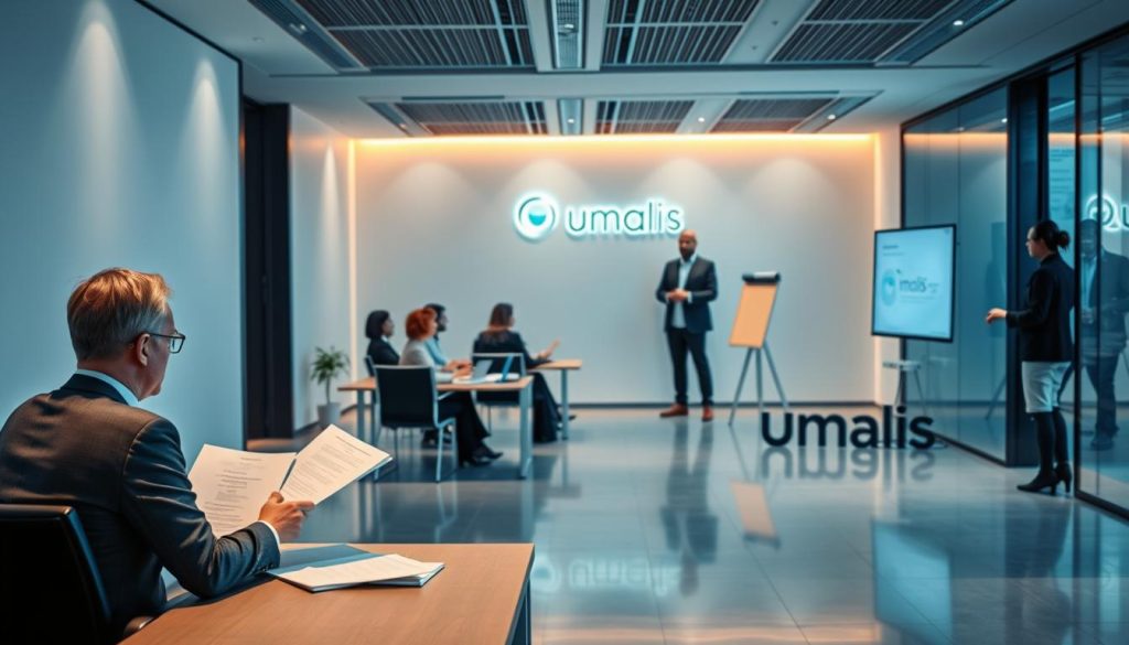 A modern, sleek office interior with clean lines and minimalist design. In the foreground, a professional sitting at a desk, studying documents and using a laptop, representing the portage salarial concept. The middle ground showcases a training session, with several people attentively listening to a presenter, symbolizing professional development and CPF training. The background features the Umalis Group logo, subtly integrated into the scene, reinforcing the brand association. Warm, diffused lighting creates a productive and inspirational atmosphere, highlighting the importance of education and career growth within the portage salarial framework. A modern, sleek office interior with clean lines and minimalist design. In the foreground, a professional sitting at a desk, studying documents and using a laptop, representing the portage salarial concept. The middle ground showcases a training session, with several people attentively listening to a presenter, symbolizing professional development and CPF training. The background features the Umalis Group logo, subtly integrated into the scene, reinforcing the brand association. Warm, diffused lighting creates a productive and inspirational atmosphere, highlighting the importance of education and career growth within the portage salarial framework.