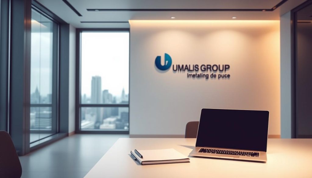 A modern, sleek office interior with clean lines and minimalist design. In the foreground, a desk with a laptop, notepad, and a stylized icon representing "critères sélection portage salarial" - a checklist or infographic illustrating the key factors to consider when choosing a professional employer organization (PEO) for freelance work. The middle ground features a large window overlooking a cityscape, with soft, natural lighting filtering in. In the background, the Umalis Group logo is prominently displayed on the wall, conveying a sense of trust and professionalism. The overall mood is one of efficiency, clarity, and business acumen.