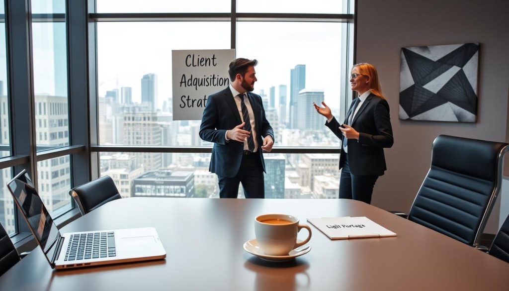 A modern, sleek office interior with large windows and plenty of natural light. In the foreground, a stylish desk with a laptop, a cup of coffee, and a notepad displaying the brand name "Light Portage". On the wall behind the desk, an inspirational canvas print with the words "Client Acquisition Strategies". In the middle ground, two professionals in business attire engaged in a collaborative discussion, gesturing towards the desk. The background features a cityscape visible through the windows, with skyscrapers and a vibrant, bustling urban atmosphere.