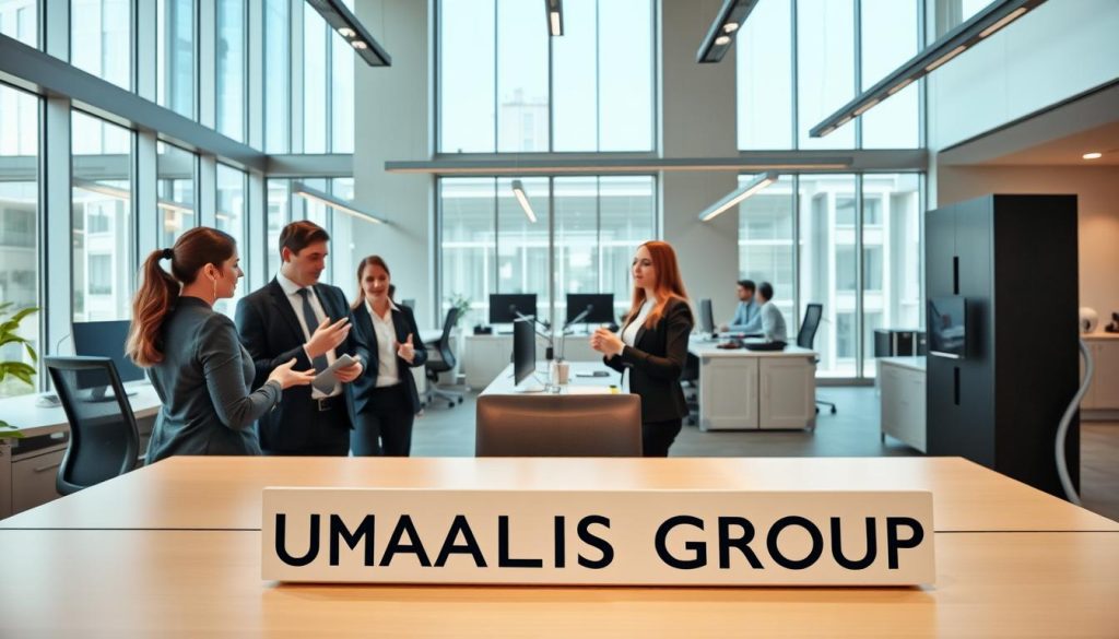A modern, sleek office interior with large windows flooding the space with natural light. In the foreground, a group of professionals in business attire engaged in a collaborative discussion, gesturing animatedly. On the desk, the UMALIS GROUP logo is prominently displayed. In the middle ground, ergonomic furniture and minimalist decor create a stylish, productive atmosphere. The background features state-of-the-art technology and equipment, symbolizing the advantages of salaried employment through a staffing agency. Warm, neutral tones and clean lines convey a sense of professionalism and efficiency.