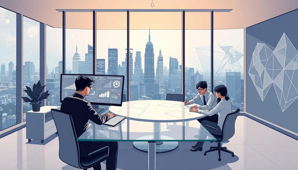 A modern, sleek office interior with large windows overlooking a bustling city skyline. In the foreground, a professional sitting at a minimalist glass-top desk, studying various data visualizations and analytical charts displayed on a high-resolution monitor. The middle ground features a team of independent consultants collaborating around a circular conference table, engaged in lively discussions. The background showcases abstract geometric patterns projected onto the walls, creating a dynamic, technology-driven ambiance. Soft, warm lighting illuminates the space, while a monochromatic color palette of greys, whites, and metallic accents reflects the data-driven, strategic nature of the scene. The overall mood conveys a sense of productivity, innovation, and forward-thinking.