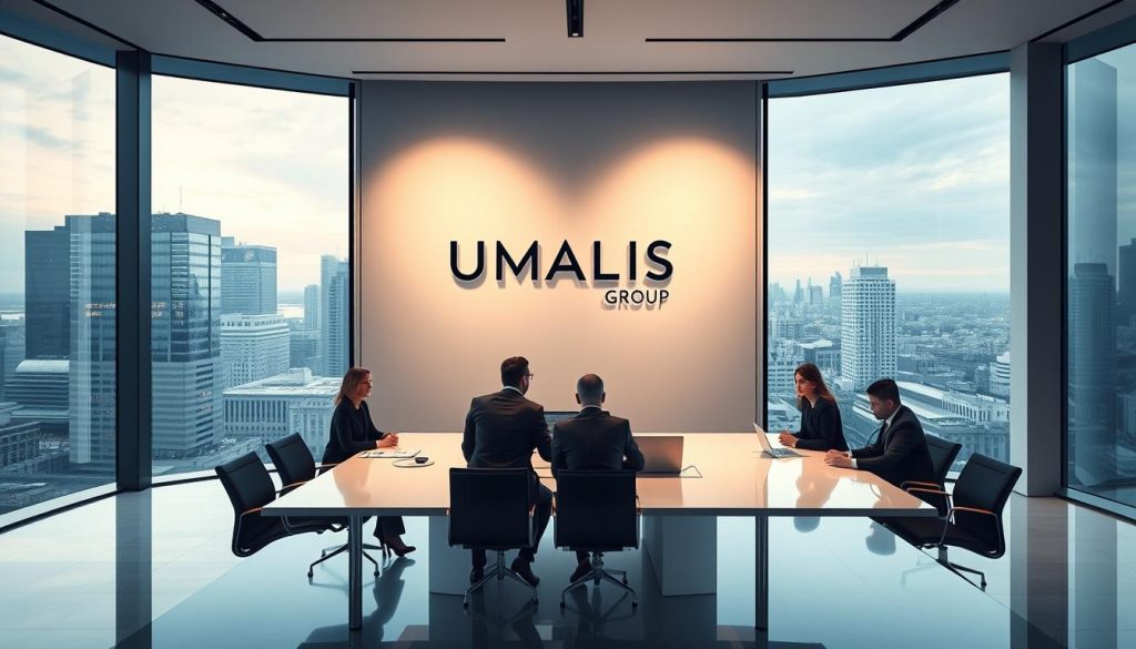 A modern, sleek office interior with large windows overlooking a bustling city skyline. In the foreground, a group of professionals in business attire are gathered around a polished conference table, engaged in a lively discussion. The UMALIS GROUP logo is prominently displayed on the wall behind them, conveying a sense of authority and industry leadership. Soft, directional lighting casts a warm glow across the scene, creating a professional and sophisticated atmosphere. The overall composition emphasizes the success and prestige of the UMALIS GROUP, the leading provider of "portage salarial" services.