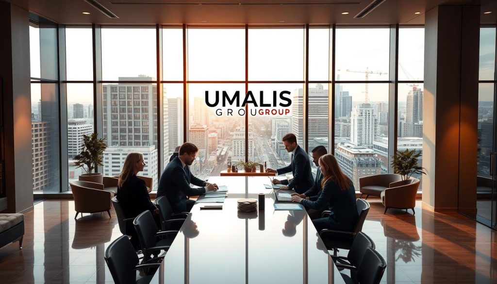 A modern, sleek office interior with large windows overlooking a cityscape. In the foreground, a group of professionals in business attire discussing documents at a conference table, conveying an atmosphere of collaboration and productivity. The UMALIS GROUP logo is prominently displayed on the wall behind them. Warm, directional lighting from the windows casts a soft glow, creating a professional and welcoming ambiance. The middle ground features elegant furniture and decor, while the background showcases the bustling urban landscape outside, hinting at the global reach and expertise of the "société portage salarial" represented.