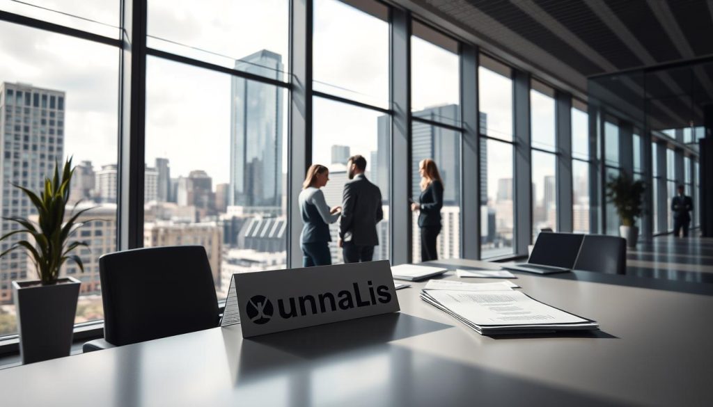 A modern, sleek office interior with large windows overlooking a vibrant cityscape. In the foreground, a desk with the Umalis Group logo prominently displayed, surrounded by neatly organized documents and a laptop. The middle ground features a team of professionals engaged in focused discussions, illustrating the collaborative nature of the "portage salarial" contractual obligations. Soft, directional lighting casts subtle shadows, creating a sense of professionalism and attention to detail. The background showcases the bustling city, representing the dynamic business environment in which these obligations are fulfilled.
