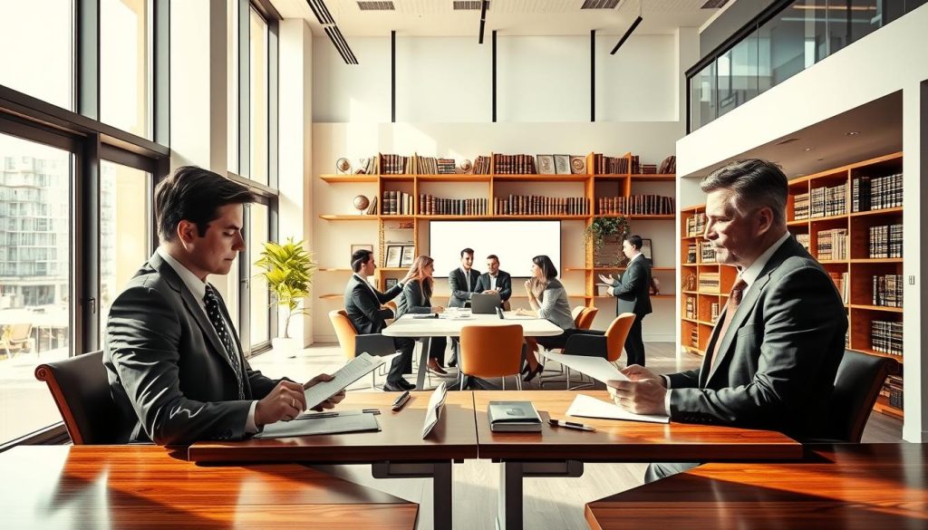 A modern, sleek office interior with professional business people discussing legal and regulatory aspects of the "Light Portage" employment model. Sunlight streams through large windows, casting a warm glow on the polished wood desks and minimalist furniture. In the foreground, two well-dressed individuals review documents, their expressions serious yet confident. In the middle ground, a group collaborates around a conference table, gesturing animatedly. The background features floor-to-ceiling shelves filled with legal books and corporate awards, conveying a sense of authority and expertise. The overall atmosphere is one of productive efficiency and compliance within the "Light Portage" professional framework.