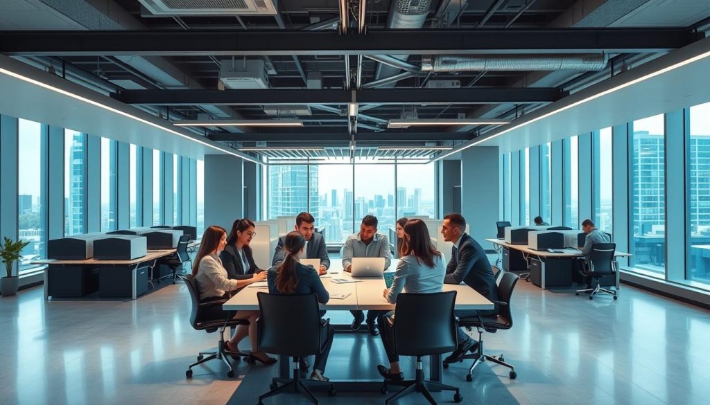 A modern, sleek office setting with a diverse team of Umalis Group professionals engaged in flexible, collaborative work. The foreground features a group of colleagues gathered around a large table, discussing documents and laptops in a well-lit, airy space. The middle ground showcases a dynamic open-plan layout with partitioned workstations, while the background reveals floor-to-ceiling windows overlooking a vibrant cityscape. The atmosphere conveys a sense of productivity, adaptability, and the advantages of the Umalis Group's salaried staffing solution. A modern, sleek office setting with a diverse team of Umalis Group professionals engaged in flexible, collaborative work. The foreground features a group of colleagues gathered around a large table, discussing documents and laptops in a well-lit, airy space. The middle ground showcases a dynamic open-plan layout with partitioned workstations, while the background reveals floor-to-ceiling windows overlooking a vibrant cityscape. The atmosphere conveys a sense of productivity, adaptability, and the advantages of the Umalis Group's salaried staffing solution.