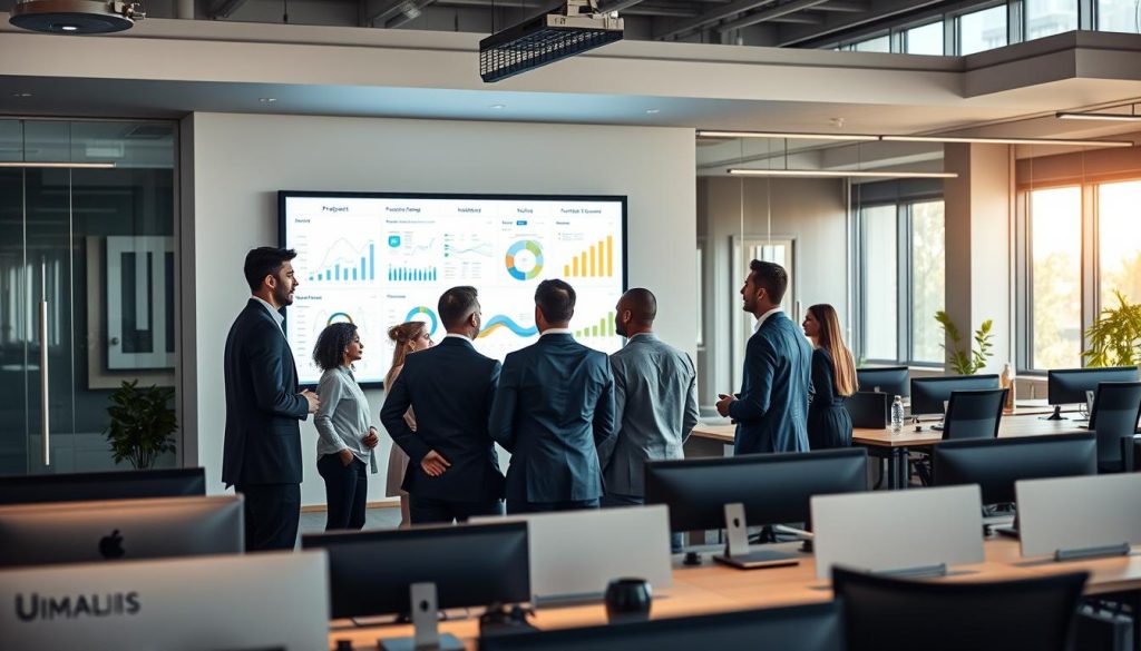 A modern, sleek office setting with a large projection screen showcasing dynamic data visualizations and graphs. In the foreground, a group of professionals in business attire engaged in a collaborative discussion around a project management dashboard, their expressions projecting a sense of focused determination. The middle ground features an array of flexible workstations, with Umalis Group branding prominently displayed. The background is bathed in warm, natural lighting filtering through floor-to-ceiling windows, hinting at a future of increased remote and hybrid work arrangements. The overall mood is one of innovation, adaptability, and the steady evolution of project-based work trends.