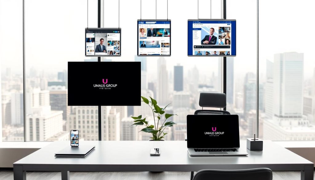 A modern, sleek office setting with a large window overlooking a bustling city skyline. In the foreground, a clean white desk features a laptop, smartphone, and stylish office supplies emblazoned with the Umalis Group logo. Suspended above, a trio of floating screens display various social media platforms and video content. The middle ground is occupied by a minimalist, ergonomic chair and a potted plant, creating a sense of balance. The background is bathed in warm, diffused lighting, conveying a professional yet inviting atmosphere. The overall scene suggests the harmonious integration of digital tools and social media to optimize visibility for Umalis Group's portage salarial services.