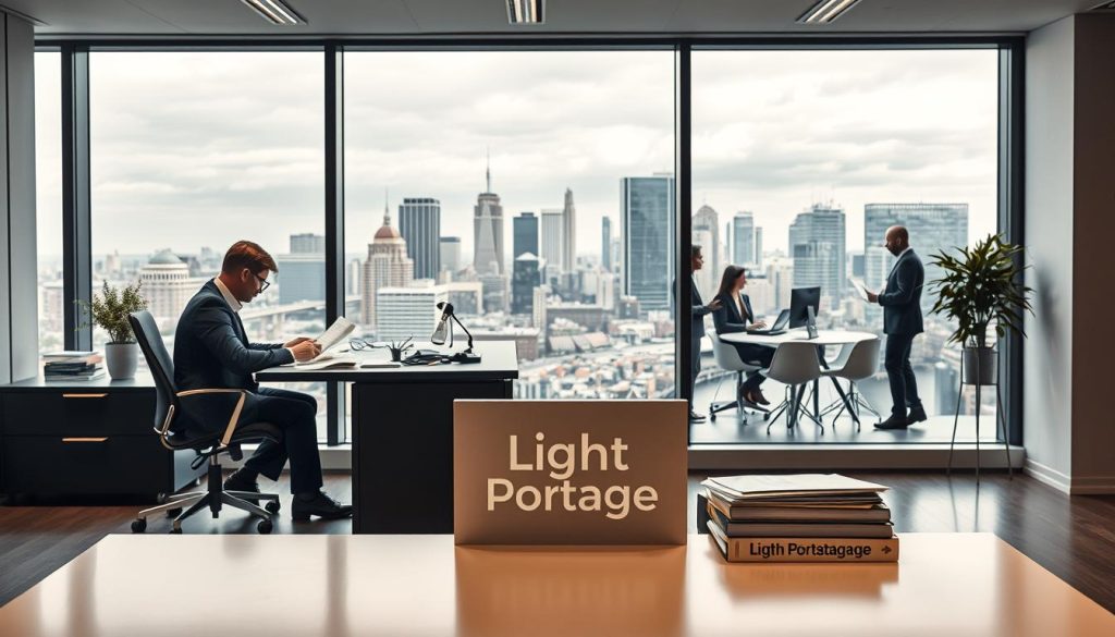 A modern, sleek office setting with a large window overlooking a bustling city skyline. In the foreground, a stylish desk features the "Light Portage" logo, surrounded by various office supplies and documents. A well-dressed professional sits at the desk, immersed in paperwork related to social security and payroll administration. The middle ground showcases a team of colleagues collaborating on a presentation, highlighting the collaborative nature of the portage salarial system. In the background, the city outside the window conveys a sense of progress and opportunity, underscoring the role of the portage salarial in supporting independent professionals and entrepreneurs. Warm, diffused lighting creates a professional yet inviting atmosphere, while a modern, minimalist aesthetic ties the entire scene together.