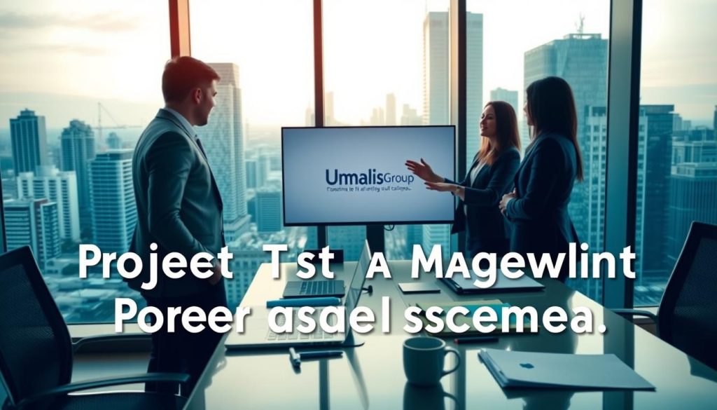 A modern, sleek office setting with a large window overlooking a bustling city skyline. In the foreground, a team of professionals dressed in business attire engaged in a collaborative discussion, gesturing towards a digital screen displaying the Umalis Group brand. The middle ground features an ergonomic desk setup with a laptop, files, and a coffee mug, creating a productive and organized atmosphere. The background is softly lit, creating a warm and inviting ambiance, emphasizing the advantages of project management in the context of Umalis Group's professional portage salarial services. A modern, sleek office setting with a large window overlooking a bustling city skyline. In the foreground, a team of professionals dressed in business attire engaged in a collaborative discussion, gesturing towards a digital screen displaying the Umalis Group brand. The middle ground features an ergonomic desk setup with a laptop, files, and a coffee mug, creating a productive and organized atmosphere. The background is softly lit, creating a warm and inviting ambiance, emphasizing the advantages of project management in the context of Umalis Group's professional portage salarial services.