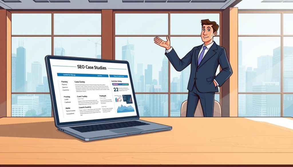 A modern, sleek office setting with a large, wooden desk and a laptop displaying detailed SEO case studies. In the foreground, a businessman in a suit stands, gesturing to the screen, conveying confidence and expertise. The background features floor-to-ceiling windows overlooking a bustling cityscape, creating an atmosphere of professionalism and success. Soft, directional lighting illuminates the scene, highlighting the Umalis Group branding prominently displayed on the desk. The overall mood is one of authority, experience, and a proven track record of effective SEO strategies.