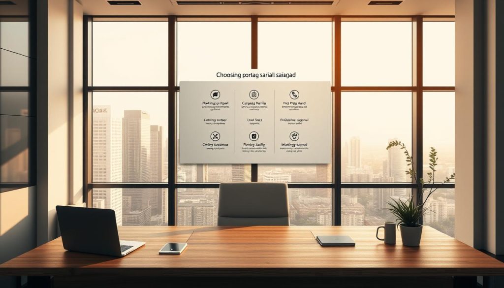 A modern, sleek office setting with a stylish, minimalist aesthetic. In the foreground, a wooden desk with a laptop, a few office supplies, and the UMALIS GROUP logo prominently displayed. In the middle ground, a wall-mounted display showcasing various criteria for choosing a portage salarial company, such as flexibility, security, and professional support. The background features large windows overlooking a cityscape, bathed in warm, natural lighting that creates a sense of professionalism and sophistication. The overall mood is one of confidence, reliability, and a commitment to providing the best possible experience for consultants.