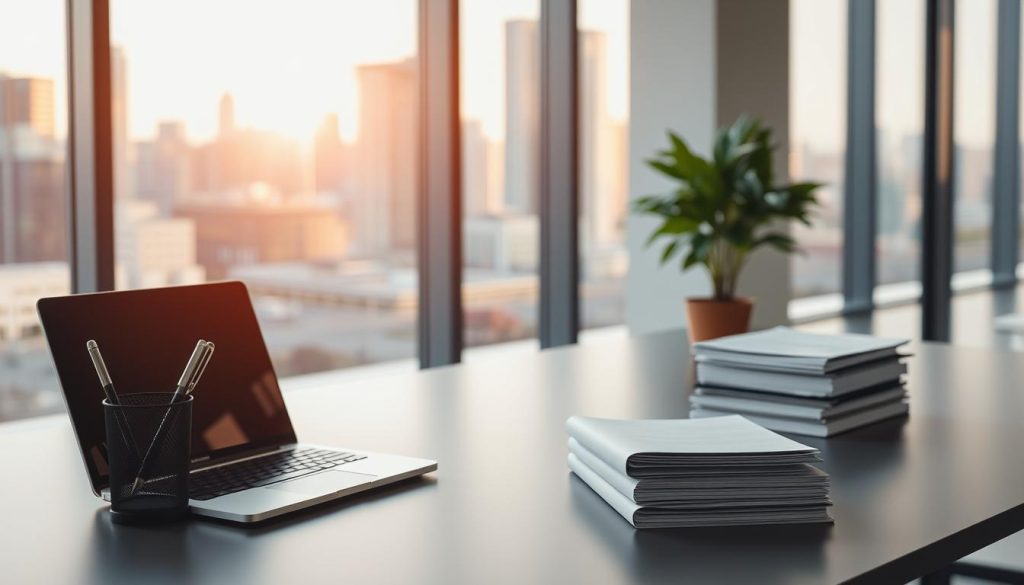 A modern, sleek office setting with a stylish, minimalist desk featuring a laptop, pen holder, and a neatly stacked set of documents. The background showcases a large window with a cityscape view, letting in natural light that casts a warm, inviting glow. The scene conveys a sense of professionalism and efficiency, highlighting the administrative services provided within the context of a Portage Salarial contract.