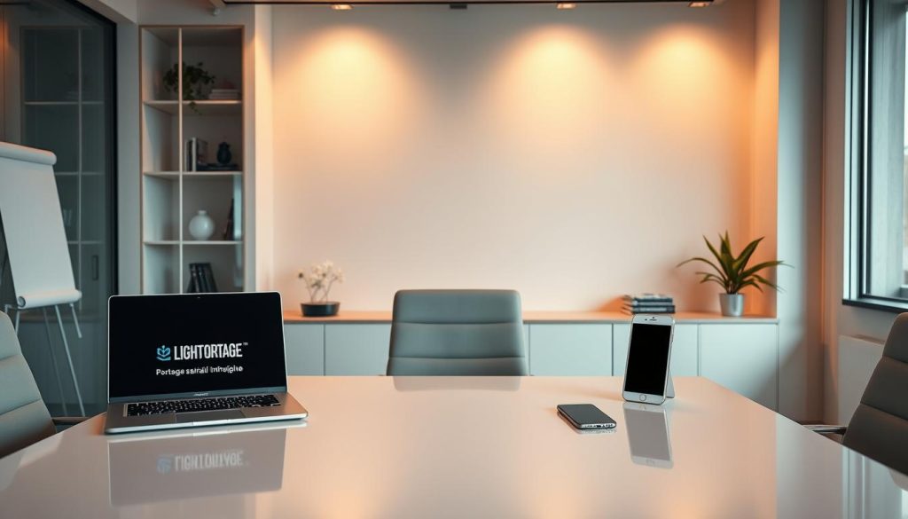 A modern, sleek office setting with a well-lit desk showcasing the LIGHT PORTAGE brand. On the desk, a laptop, tablet, and smartphone illustrate the digital nature of the "portage salarial informatique" industry. Soft, warm lighting casts a professional atmosphere, while the background features minimalist decor and clean lines to emphasize the financial and technological aspects of this specialized employment model. The composition should convey a sense of productivity, flexibility, and the rewarding nature of this unique career path.