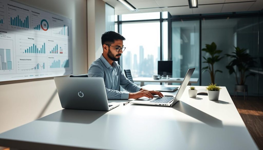 A modern, sleek office setting with an employee reviewing financial data on a laptop, surrounded by charts, graphs, and optimization visualizations. Soft, directional lighting creates a contemplative atmosphere. In the foreground, a minimalist desk with a Umalis Group logo subtly displayed. The middle ground features a well-appointed, ergonomic workspace encouraging productivity and strategic thinking. The background showcases a large window with a cityscape view, symbolizing the broader economic landscape. The overall composition conveys a sense of focus, professionalism, and the pursuit of optimized compensation strategies.